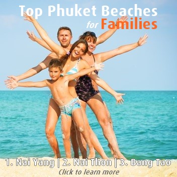 Learn more about the 4 Top Phuket Beaches for Families with Kids (Ages 12-18) picture shows a happy familie, parents with 2 kids on the beach with ocean in the background holding