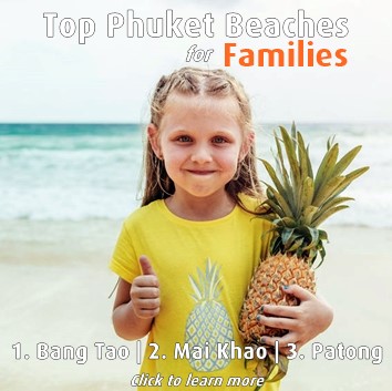 Learn more about the 5 Best Phuket Beaches for Families with Kids under 12 picture shows young girl on the beach with ocean in the background holding a pineapple in left hand and wearing a yellow shirt
